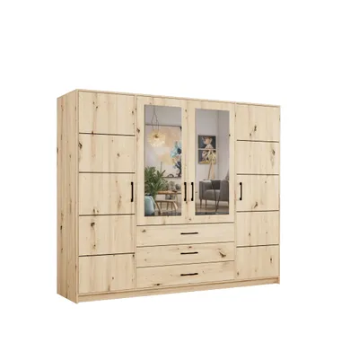 Produktbild von Drehtürenschrank Kleiderschrank 240 cm breit mit Spiegeln, 3 Schubladen und dekorativen streifen – Artisan mit schwarzen Griffen