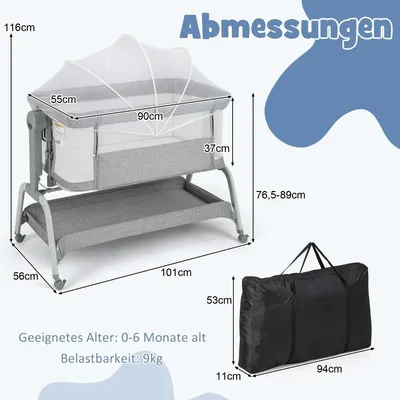 Image de Lit bébé mobile 4 en 1 avec moustiquaire et matelas et 6 hauteurs réglables gris