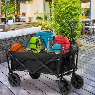 Produktbild von Fiqops Bollerwagen faltbar Handwagen Transportkarre Gerätewagen |  klappbar | Vollgummi-Reifen | bis 100 kg Tragkraft transportwagen Gartenanhänger ohne Dach, Farbe:Schwarz