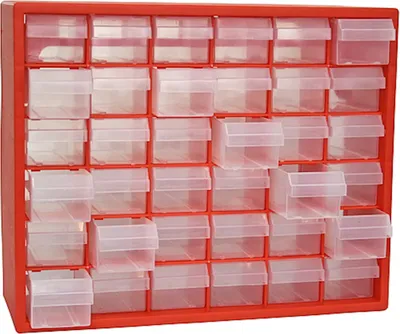 Produktbild von Cosimi Kleinteilemagazin mit 36 Schubfächern Rot | HxBxT 33x41x14cm | Kleinteileregal, Sortimentsboxen, Sortimentskastenregal, Regalsystem