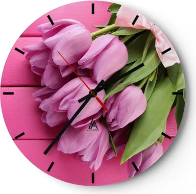 Produktbild von Wanduhr - Rund - Glasuhr - Tulpen Blumenstrauß Garten - 30x30cm - Schleichendes Uhrwerk - Lautlos - zum Aufhängen bereit - Dekoration Modern - Wanddekoration aus Glas - C3AR30x30-2722