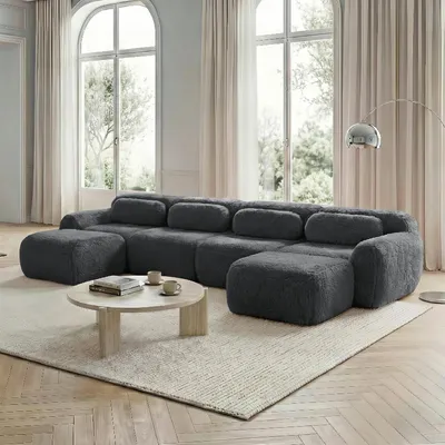 Image de Canapé modulable en peluche en forme de U, à combiner à volonté, ne nécessite aucun montage, 378 x 179 x 73 cm, gris