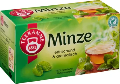 Produktbild von Teekanne Minze Pfefferminztee mit 20 verpackte Doppelkammerbeutel 45g