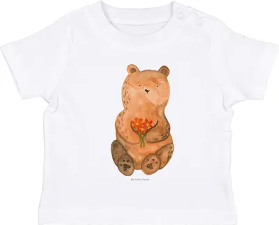 Produktbild von Mr. & Mrs. Panda Babyshirt Bär Dankbar 6. - 12. Monat - Weiß - Geschenk, Öko Baby T-Shirt, Teddy, Danke,  Shirt, Kinder Oberteil, Blumen, Dankeschön