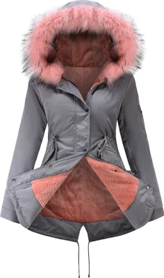 Image de ASKSA Manteau d'hiver Femme Chaud Doublé Veste d'hiver Femme Parka d'hiver mi-longue avec Taille ajustable et bord en Fourrure artificielle amovible,Rose gris,3XL