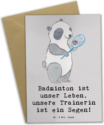 Produktbild von Mr. & Mrs. Panda Grußkarte Badminton Trainerin - Grau Pastell - Geschenk, Leben, Grußkarten, Dankbarkeit, Danksagung, weihnachtskarten, osterkarten, firmungskarte