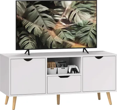 Obrázek produktu pro TV skříňka - délka 110 cm - pro televizory do 127 cm - zásuvka, 2 dvířka, otevřená police - dřevěné nohy - bílá