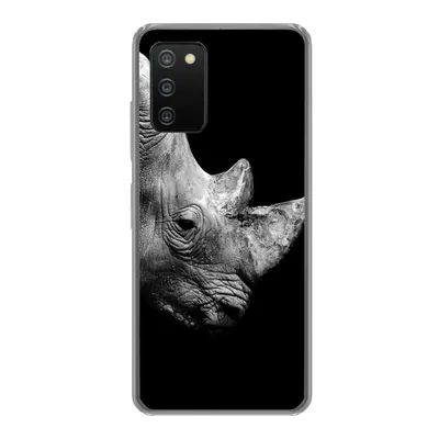 Produktbild von MuchoWow® Handyhülle Schutzhülle Hülle für Samsung Galaxy A03s Portrait Nashorn auf schwarzem Hintergrund Silikon Softcase Handy Hülle - Schutz