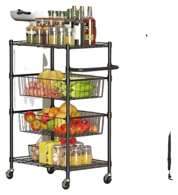 Obrázek produktu pro Mobilní vozík do kuchyně, nerezová ocel, rozměry 64,5 x 35 x 84 cm, čtyři úrovně, nosnost 110 kg, otočná kolečka o 360°