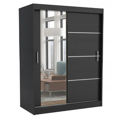 Produktbild von Schwebetürenschrank TOMY 160 cm Schwarz mit Spiegel – Moderner Kleiderschrank mit Fächern & Kleiderstangen
