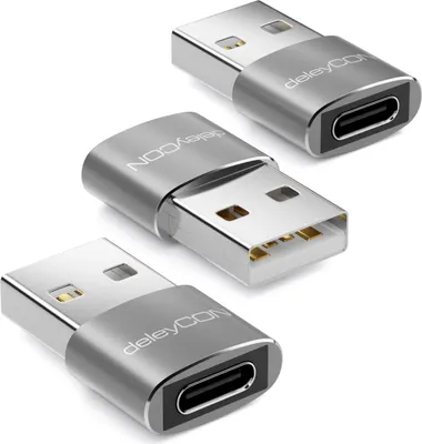 Produktbild von deleyCON USB C auf USB Adapter [3 Stück] USB C Buchse auf USB A Stecker - für PC Computer Laptop Notebook Aluminium Silber