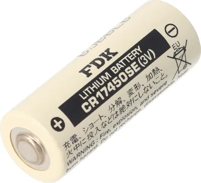 A single white lithium battery with black text and symbols.