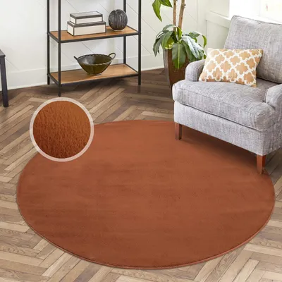 Produktbild von Hochflor Teppich Einfarbig - Terra - 160 cm Rund - Fell-Teppiche für Schlafzimmer, Wohnzimmer