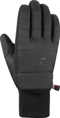A single black glove shown from the front on a white background.