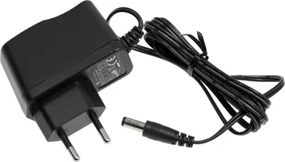 A black power adapter with a coiled cord and a connector plug.