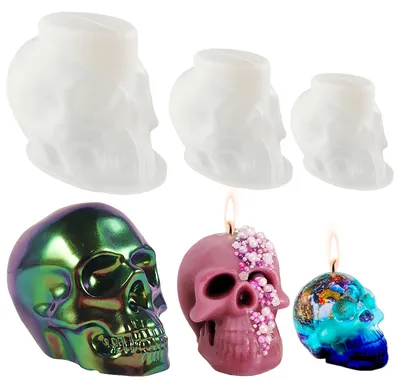 Produktbild von 3-teilige Silikonform für Halloween-Totenschädel, geeignet für Kerzen und Epoxidharz, Gießform für Totenköpfe für Heim- und Halloween-Dekorationen.