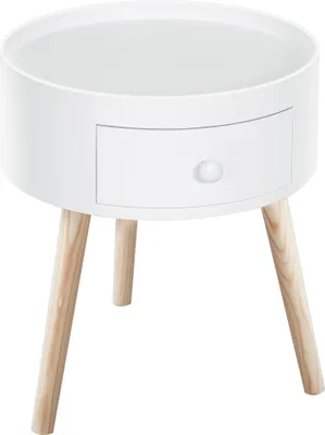 A white round side table with a drawer and wooden legs, photographed against a white background.