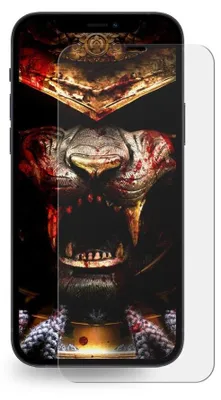A smartphone with a screen protector applied, displaying a graphic of a bloody tiger's face and ornate armor.