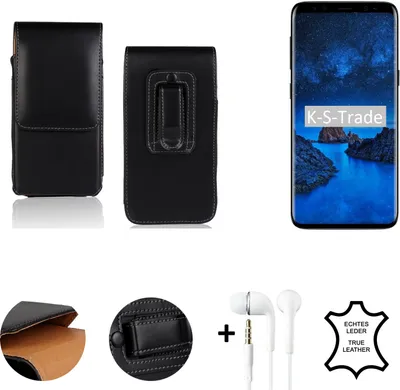 Produktbild von K-S-Trade Leder Gürtel Tasche + Kopfhörer kompatibel mit Samsung Galaxy S9 Seitentasche Belt pouch Holster Handy-Hülle Gürteltasche Schutz-Hülle