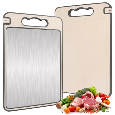 Image de Planche à découper en acier inoxydable, planche à découper double face en acier inoxydable, planche à découper en acier inoxydable avec pierre à aiguiser, planche à découper de cuisine avec poignée, antidérapante, lavable au lave-vaisselle