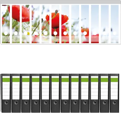 Produktbild von Wallario 12 Stück breite Ordner inkl. Klebeetiketten mit Motive Mohnblumen unter blauem Himmel -  Set mit Rückenschildern / Ordnerrücken Stickern
