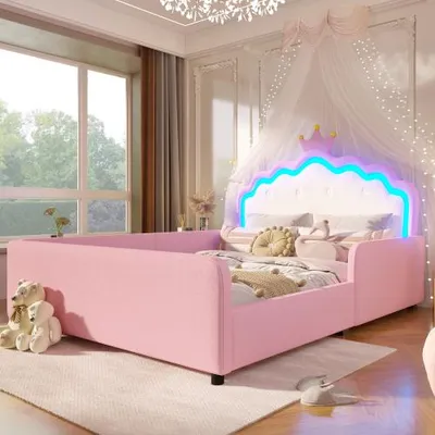 Produktbild von Polsterbett, 140x190 cm, Ohne Matratze, Mit LED-Lichtleiste, Prinzessinnenbett in Kronenform, Sicherheitsgitter, PU, Rosa