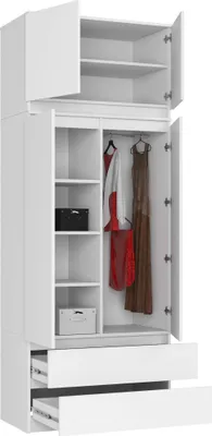 A white wardrobe with its doors open, showing shelves, hanging clothes, and drawers.