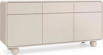 A modern beige sideboard with three drawers and three doors, resting on spherical feet.
