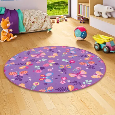 Produktbild von Kinder Spiel Teppich Schmetterling Lila Rund, Größe:400 cm Rund