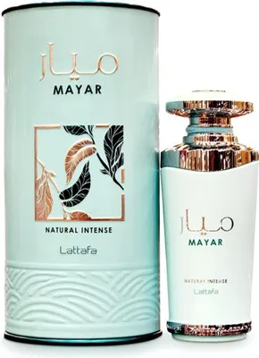 A perfume bottle and its cylindrical packaging are displayed side-by-side against a white background.
