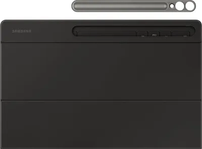 A black tablet keyboard cover and a gray stylus are shown against a white background.