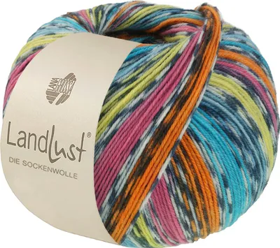 Produktbild von Lana Grossa - Landlust die Sockenwolle 0825 orange pink pistazie türkis petrolblau rohweiß dunkelgrau gestreift