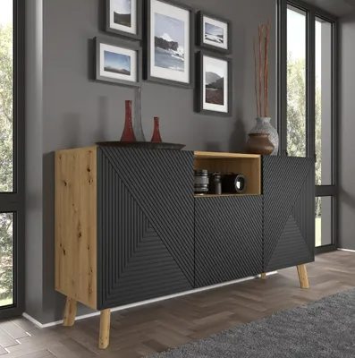 Zdjęcie produktu dla Komoda LUXI 3D 146 cm Dąb Artisan / Czarny Mat Kredens Komoda wysoka z frezowanymi frontami MDF z otwartymi półkami Bufet