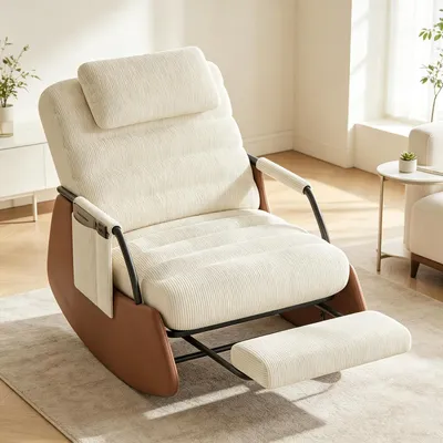 Immagine prodotto di Poltrona a dondolo INONEFT con poggiapiedi estraibile, schienale regolabile, poltrona relax con poggiatesta, poltrona relax, beige, tessuto cord