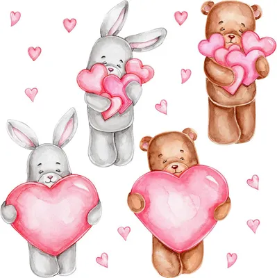 Produktbild von Wandaufkleber Kinderzimmer – Wandsticker für Baby & Kinder – Selbstklebende Wanddekoration – Abnehmbar ohne Rückstände – Deko für Mädchen & Jungen - Herzförmige Teddybären und Kaninchen in Pastell-Aquarellfarben100x168 cm