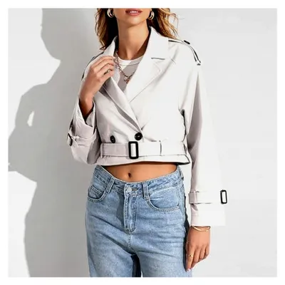 Produktbild von Cropped Trenchcoat für Damen mit Revers und zweireihiger Knopfleiste, kurze Jacke mit Gürtel, winddichter Übergangsmantel in klassischem einfarbigem Design