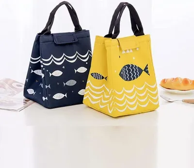 Produktbild von 2er Pack Lunchbag, Lunchtasche klein, faltbare Isoliertasche, Thermotasche mit Folienfutter, Lunchbag für Reisen, Arbeit, Schule, Ausflug, Essenstransport (Blau + Gelb)