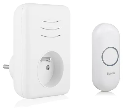 Productafbeelding van Byron Draadloze Deurbelset - Plugin Gong met Doorvoerstekker - Bereik tot 150 Meter - 16 Melodieën - Instelbaar Volume tot 85 dB - Set met 2 Ontvangers - Eenvoudig te Installeren - Kleur Wit