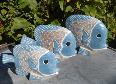Produktbild von Handgearbeitete Fische Statuen Deko-Objekt 3 Stück blau+beige maritim