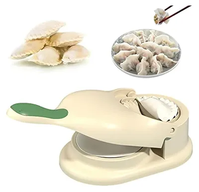 A collage of images showing uncooked and cooked dumplings, and a dumpling maker.