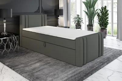 Produktbild von Boxspringbett, Jugendbett KLAUS 80x200 (Rechts) mit Bettkästen, Bonell-Matratze und Topper. Farbe: Dunkeklgrau.