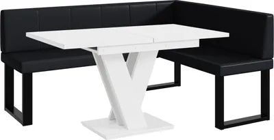 Produktbild von MEBLINI Eckbank für Esszimmer mit ausziehbarem Tisch  - Küchenbank - Essecke - Sitzecke Küche - PETER - U-Beine 128x168x87cm Rechts - Schwarz Kunstleder/M Weiß Matt