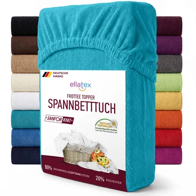 Produktbild von EllaTex FROTTEE TOPPER Spannbettlaken 90x200 – 100x200 Baumwolle – weich & warm, Spannbetttuch für Topper bis 12 cm, in Farbe: Türkis