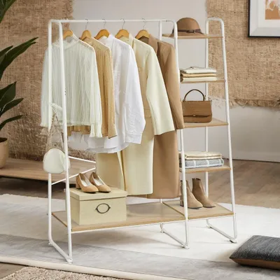 Produktbild von Kleiderständer mit Schuhregal, 5-stufigem Regal und 6 Haken | Eiche-weiß | 120x45x160 cm