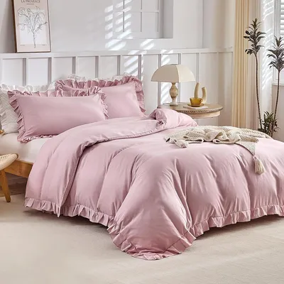 Zdjęcie produktu dla Komplet pościeli dziecięcej, 80x80 cm, 3-częściowy, z mikrofibry, z falbankami, z zapięciem na zamek błyskawiczny, różowy