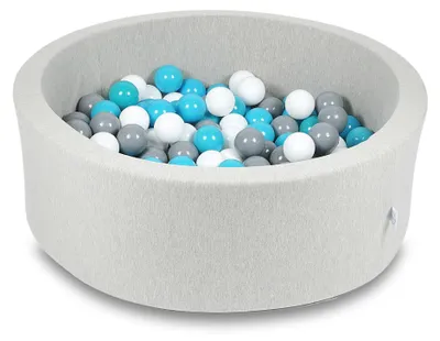 Produktbild von Trockenbecken 90x30cm hellgrau mit 200 Bällen: blau, weiß, grau