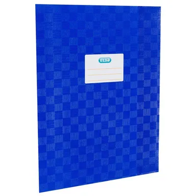 A blue checkered notebook cover with a white label.