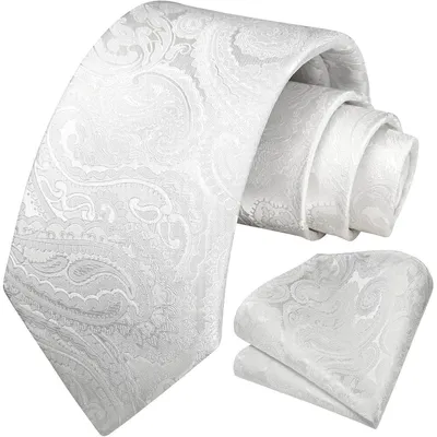 Produktbild von Herren Krawatte & Einstecktuch Set Seide Jacquard Paisley Blume Weiß