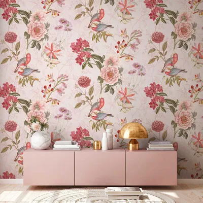 Produktbild von Blumentapete mit Blütenmuster und Vögel – Rosa, Grün