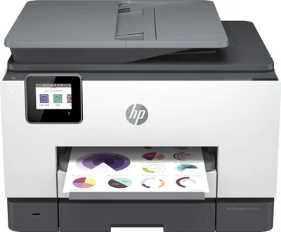 A white and gray HP OfficeJet Pro 9022e Multifunction Printer is shown from the front, with a printed document featuring charts and graphs in the output tray.